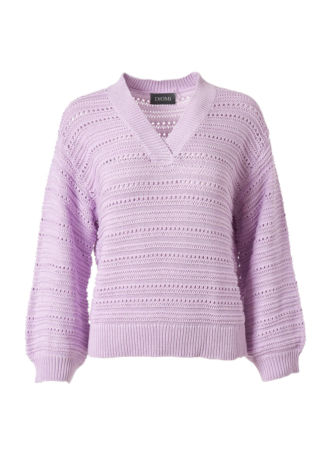 Diomi V Neck Open Knit Crochet Sweater in Lilac available at Barbara Katz