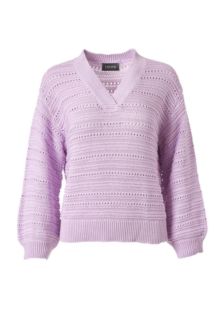 Diomi V Neck Open Knit Crochet Sweater in Lilac available at Barbara Katz