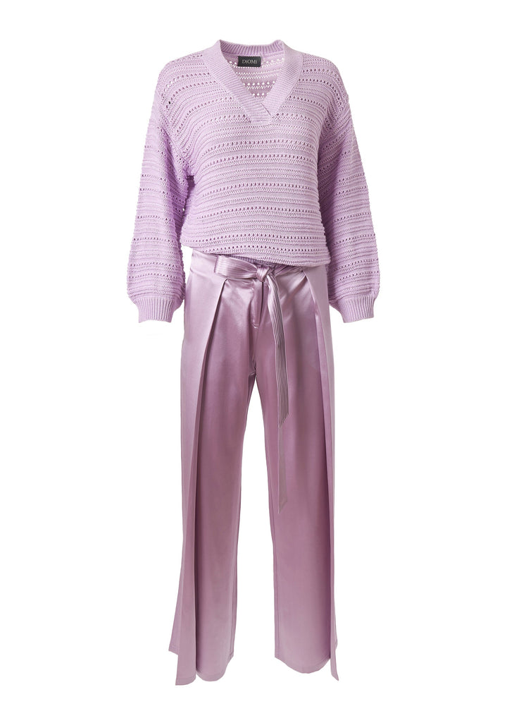 Diomi V Neck Open Knit Crochet Sweater in Lilac available at Barbara Katz