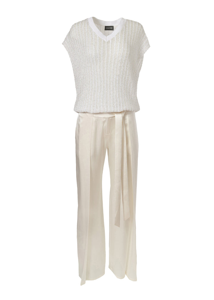 Diomi Open Knit Crochet V Neck Vest in White available at Barbara Katz