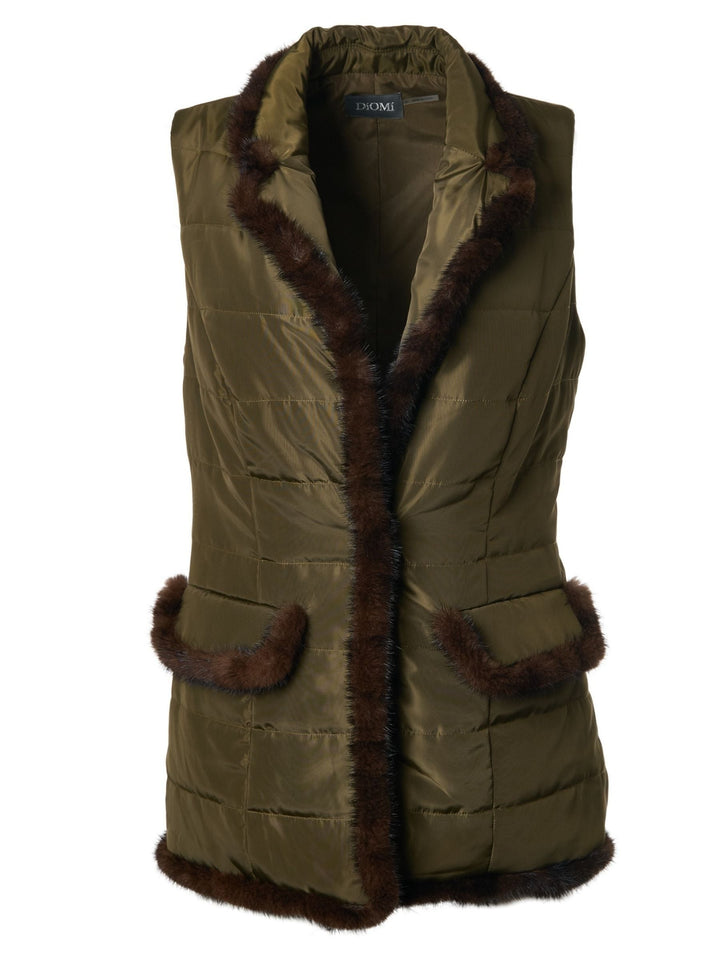 Quilted Vest with Mink in Olive/Brown
