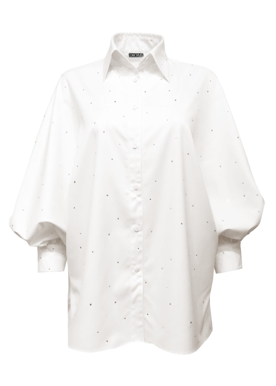 Diomi Oxford Blouse With Blouson Sleeve - White Rhinestone available at Barbara Katz