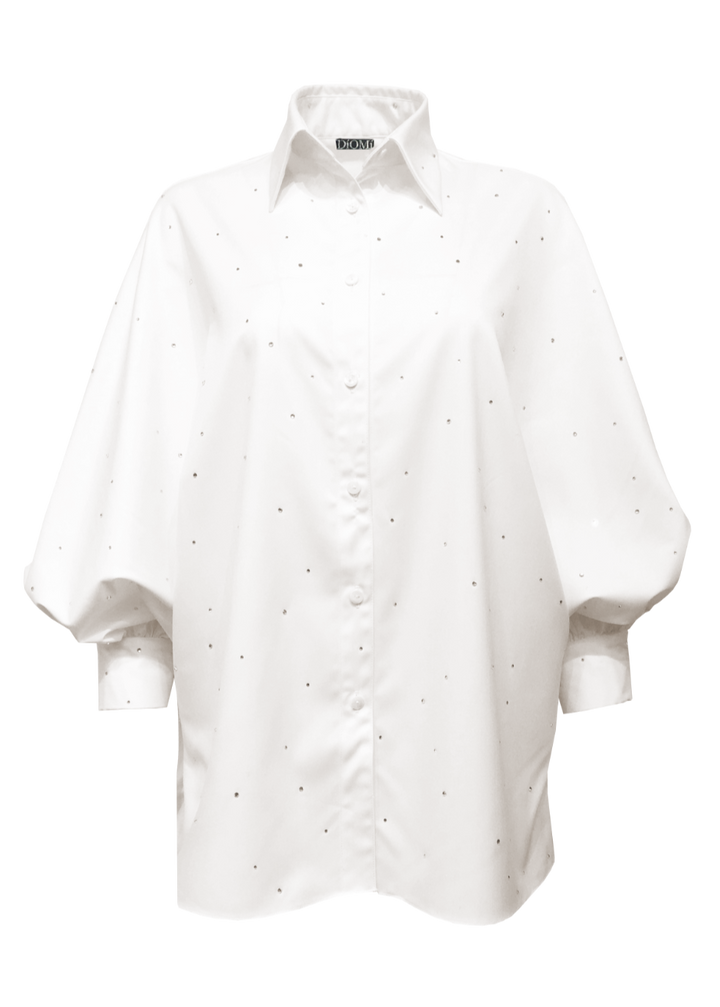 Diomi Oxford Blouse With Blouson Sleeve - White Rhinestone available at Barbara Katz