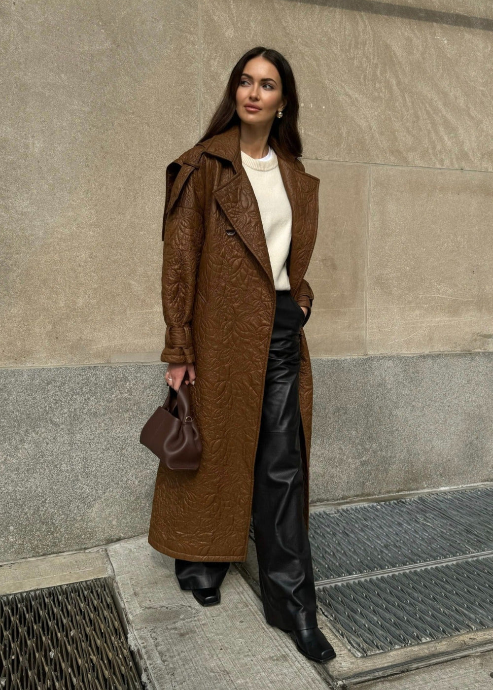 Diomi Embroidered Nylon Oversized Trench Coat in Vicuna available at Barbara Katz