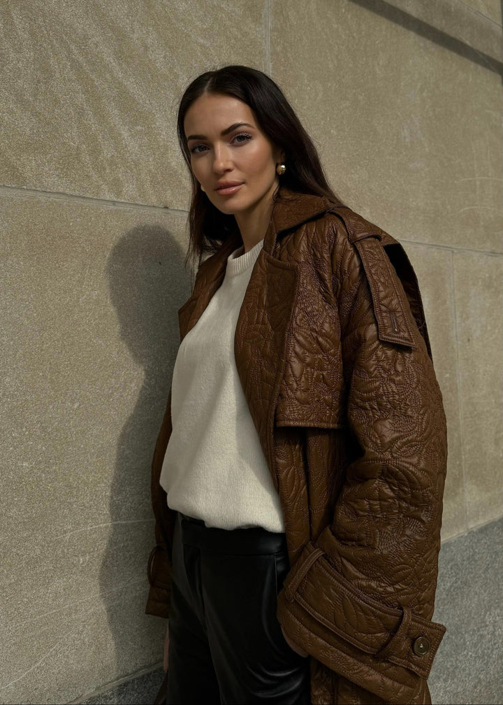 Diomi Embroidered Nylon Oversized Trench Coat in Vicuna available at Barbara Katz