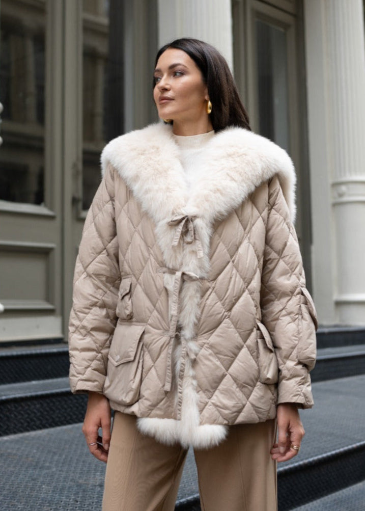 Diomi Short Down Jacket With Sailor Fox Collar in Cream available at Barbara Katz