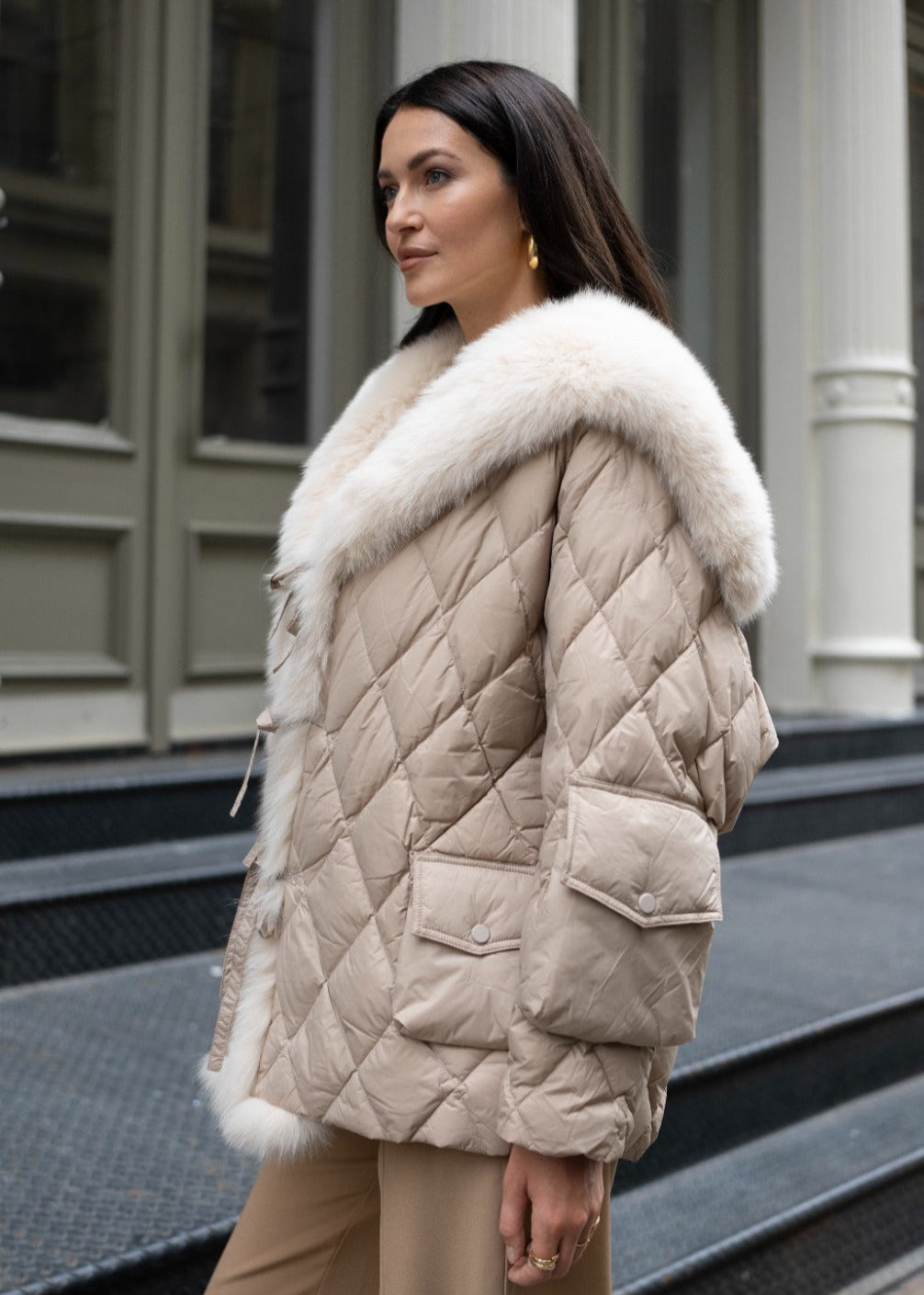 Diomi Short Down Jacket With Sailor Fox Collar in Cream available at Barbara Katz
