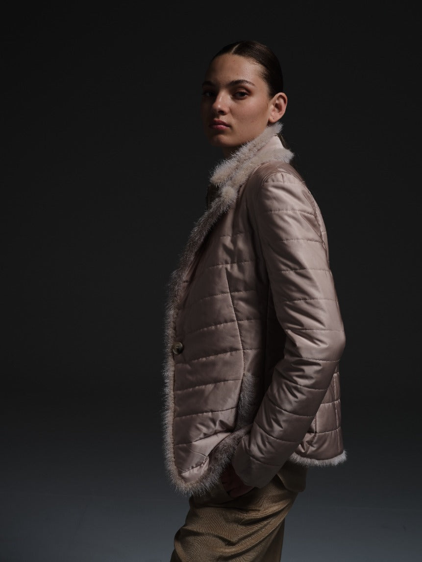 Quilted Jacket with Mink in Beige