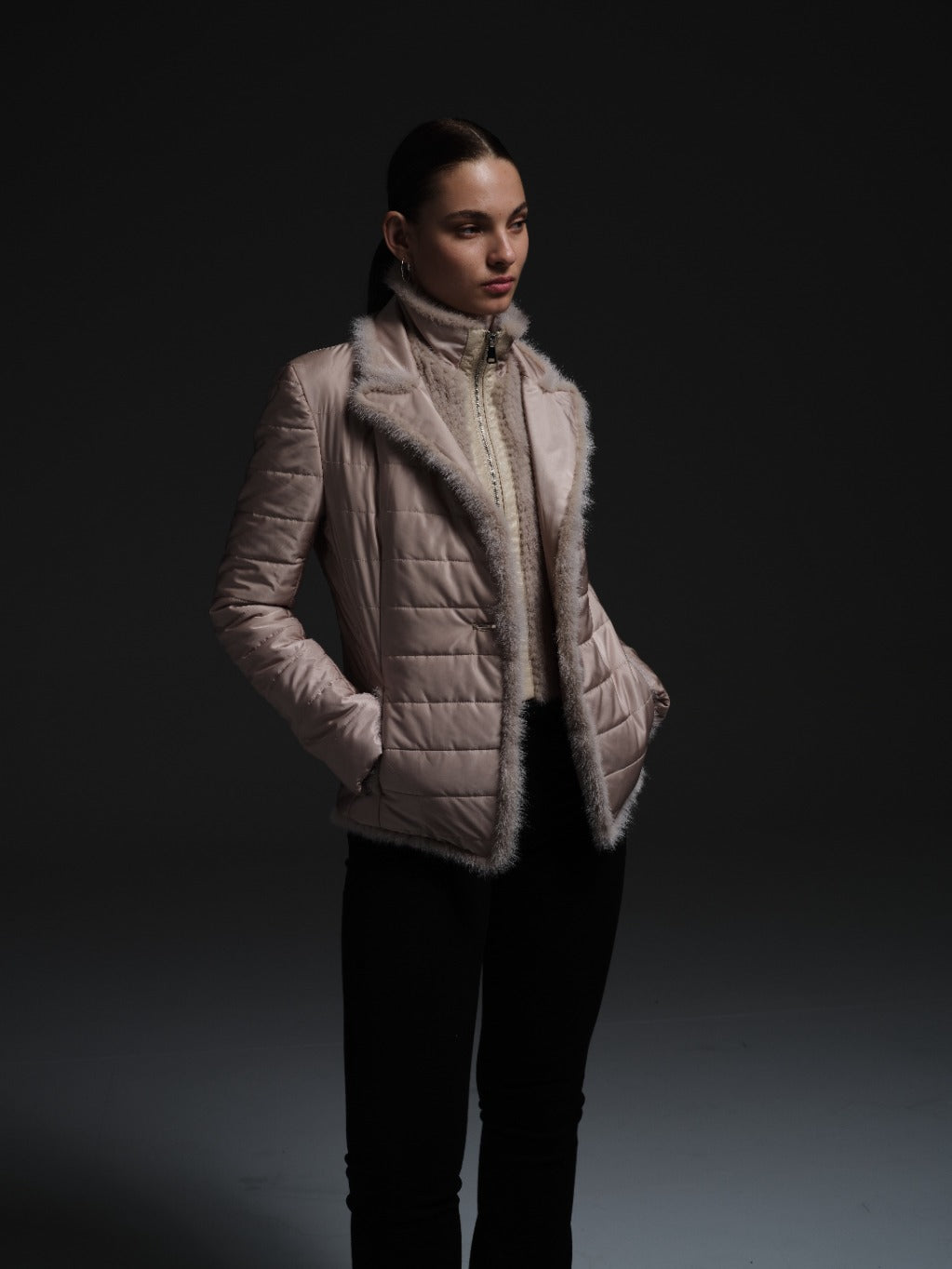 Quilted Jacket with Mink in Beige