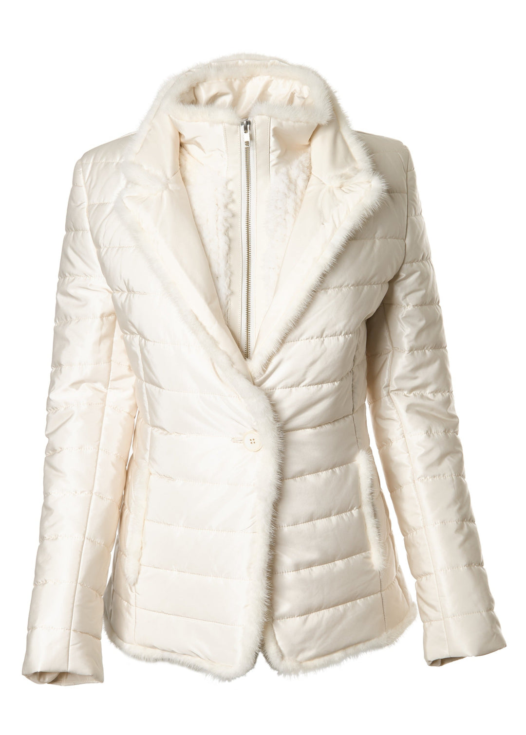 Diomi Nylon Jacket With Detachable Mink Bodice in Off White available at Barbara Katz