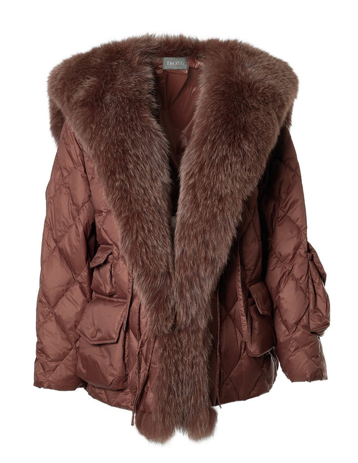 Nylon Sailor Coat with Fox Fur in Chocolate