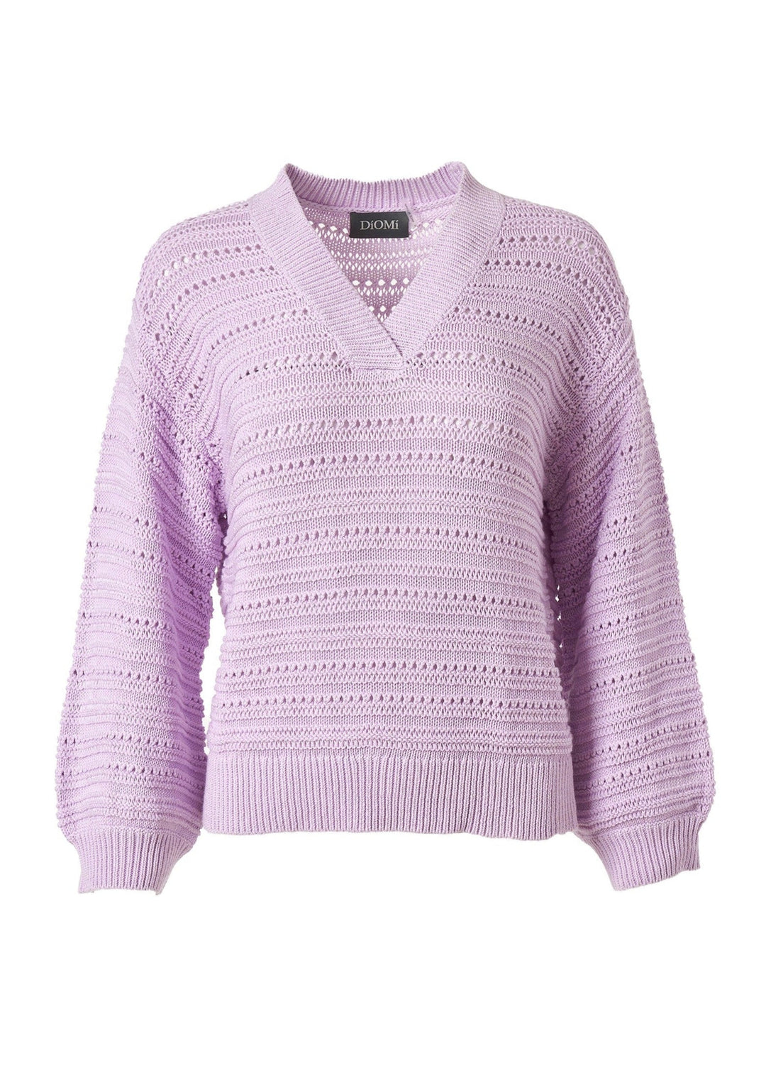 Diomi V Neck Open Knit Crochet Sweater in Lilac available at Barbara Katz