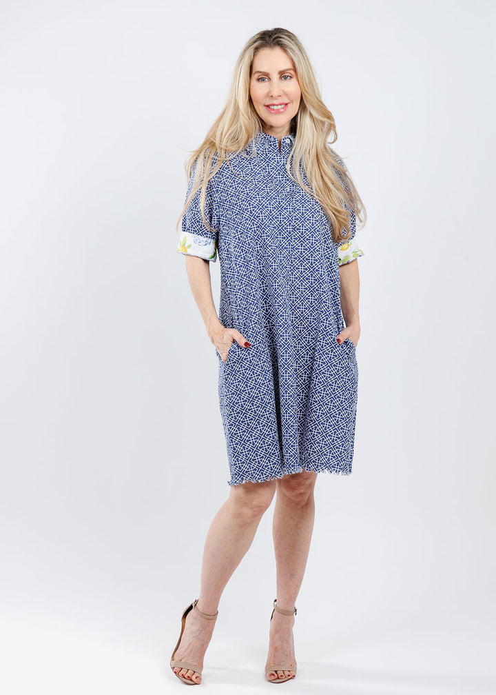 Dizzy-Lizzie Chatham Dress in Blue White Geometric print available at Barbara Katz
