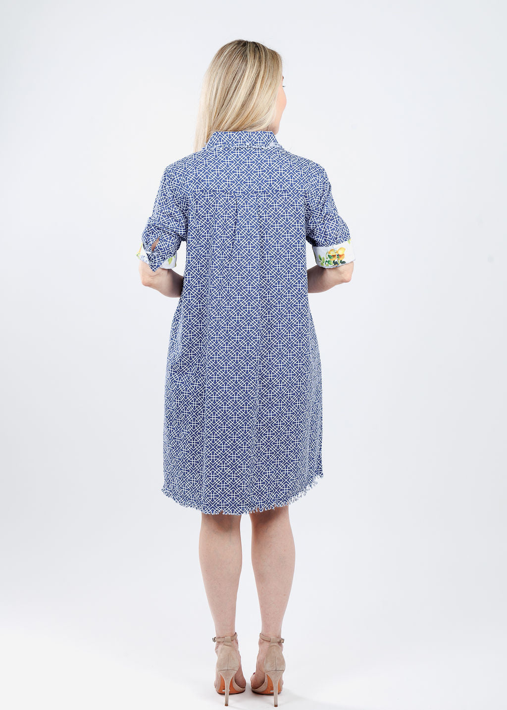 Dizzy-Lizzie Chatham Dress in Blue White Geometric print available at Barbara Katz