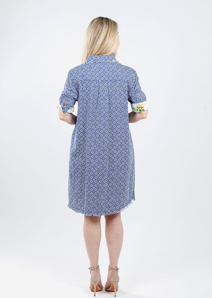 Dizzy-Lizzie Chatham Dress in Blue White Geometric print available at Barbara Katz