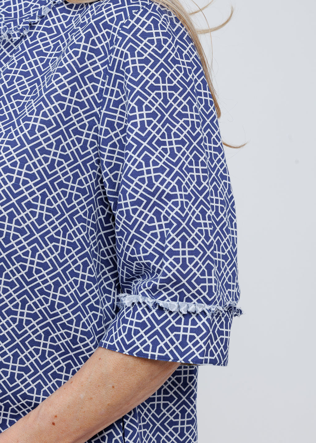 Dizzy-Lizzie Chatham Dress in Blue White Geometric print available at Barbara Katz