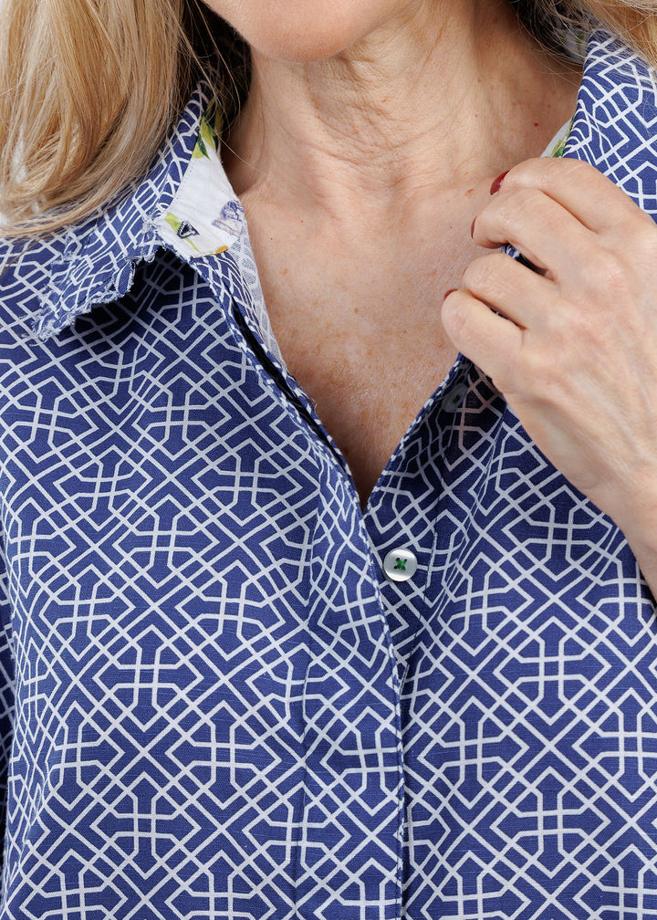 Dizzy-Lizzie Chatham Dress in Blue White Geometric print available at Barbara Katz