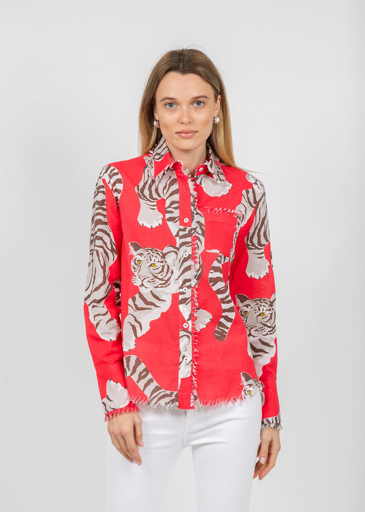 Dizzy-Lizzie Cape Cod Frayed Shirt in Big Cats Red available at Barbara Katz