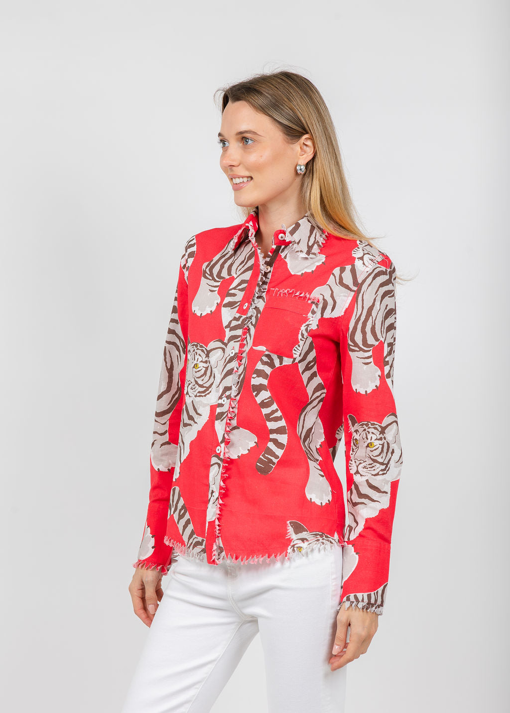 Dizzy-Lizzie Cape Cod Frayed Shirt in Big Cats Red available at Barbara Katz