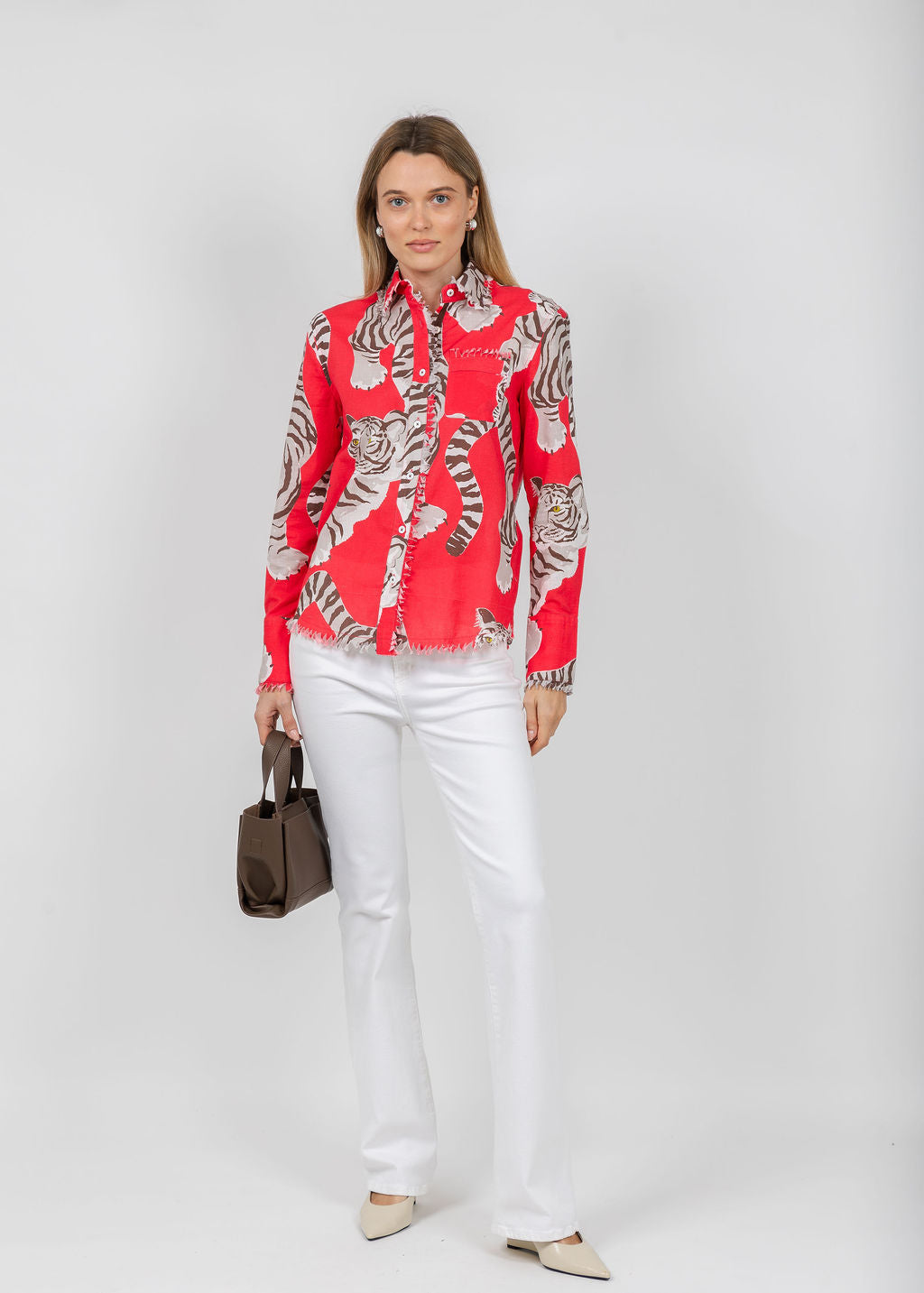 Dizzy-Lizzie Cape Cod Frayed Shirt in Big Cats Red available at Barbara Katz