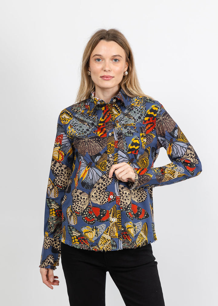 Dizzy-Lizzie Cape Cod Frayed Shirt in Blue Butterfly Print available at Barbara Katz