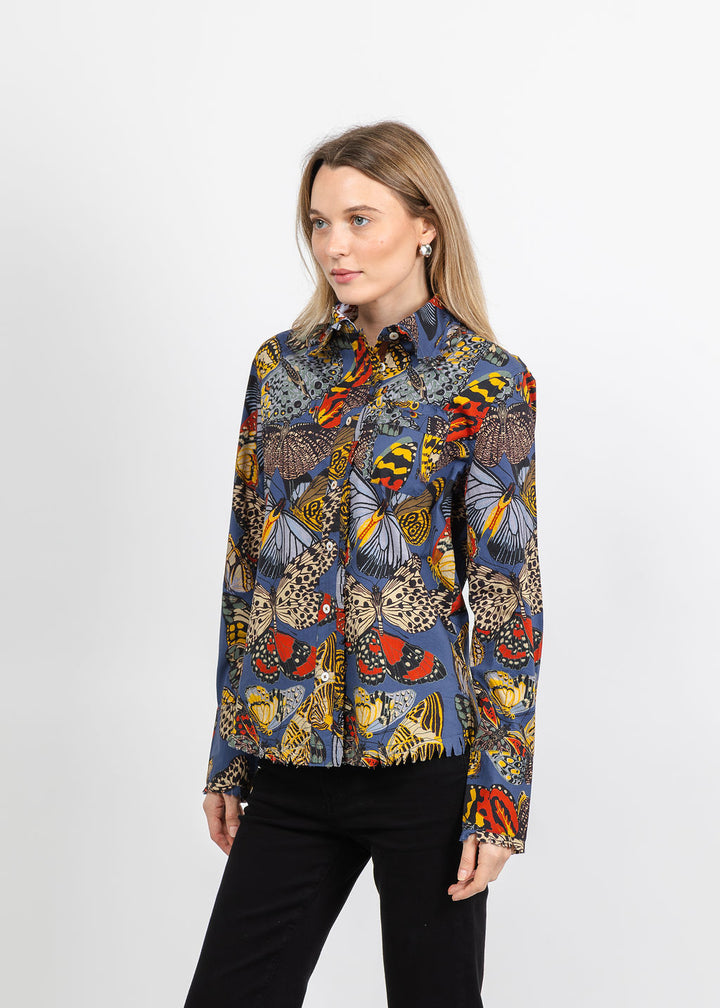 Dizzy-Lizzie Cape Cod Frayed Shirt in Blue Butterfly Print available at Barbara Katz
