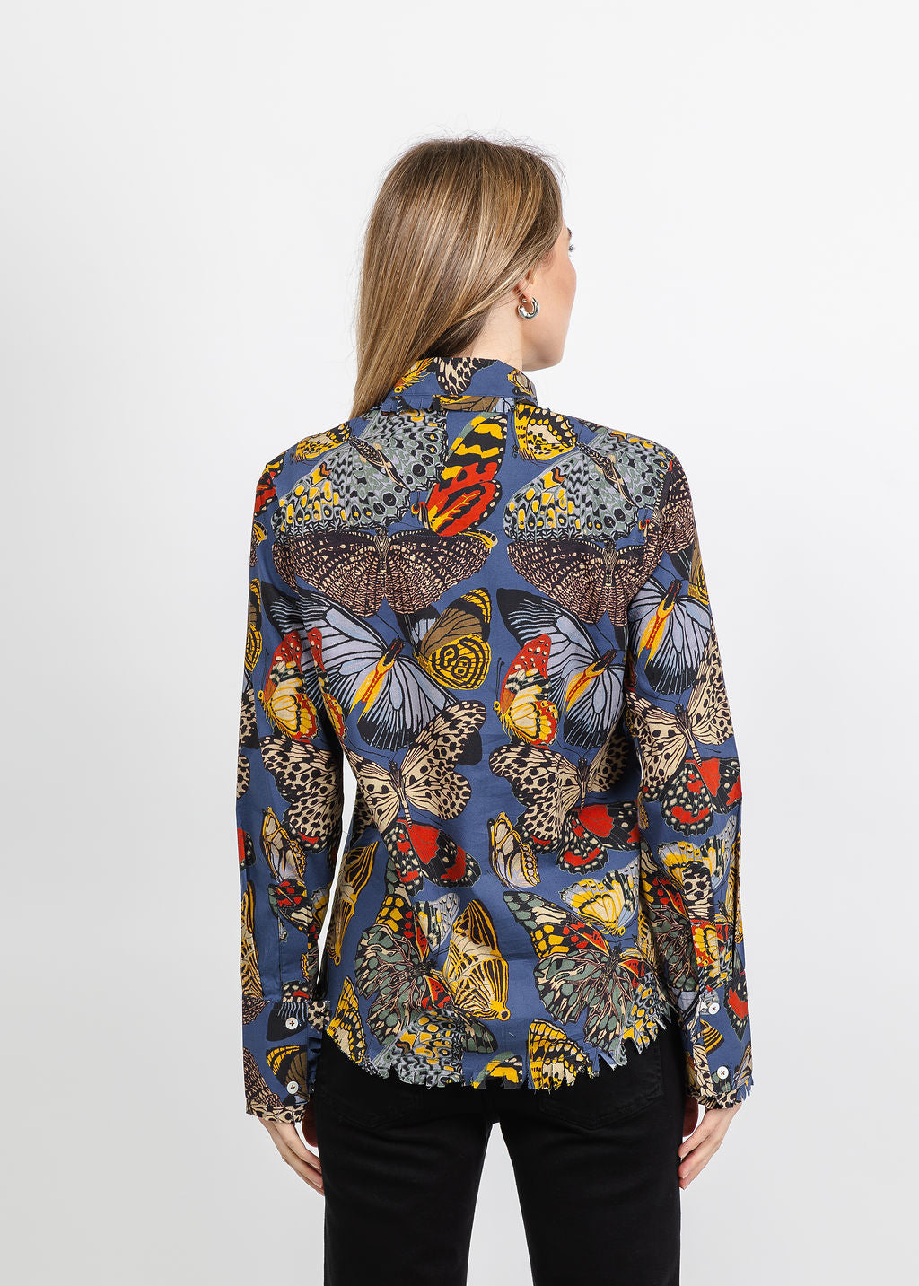 Dizzy-Lizzie Cape Cod Frayed Shirt in Blue Butterfly Print available at Barbara Katz