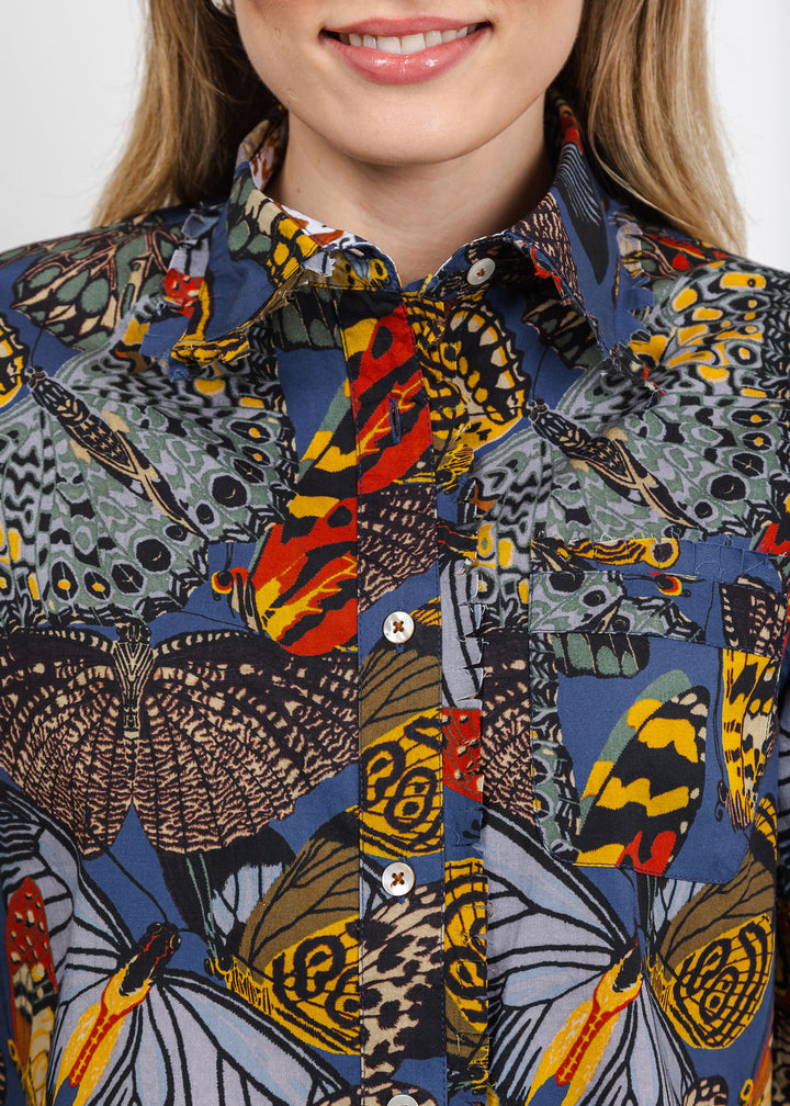 Dizzy-Lizzie Cape Cod Frayed Shirt in Blue Butterfly Print available at Barbara Katz