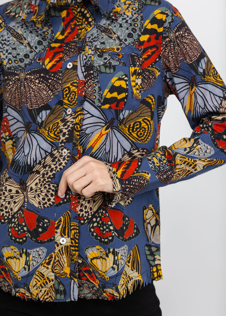 Dizzy-Lizzie Cape Cod Frayed Shirt in Blue Butterfly Print available at Barbara Katz