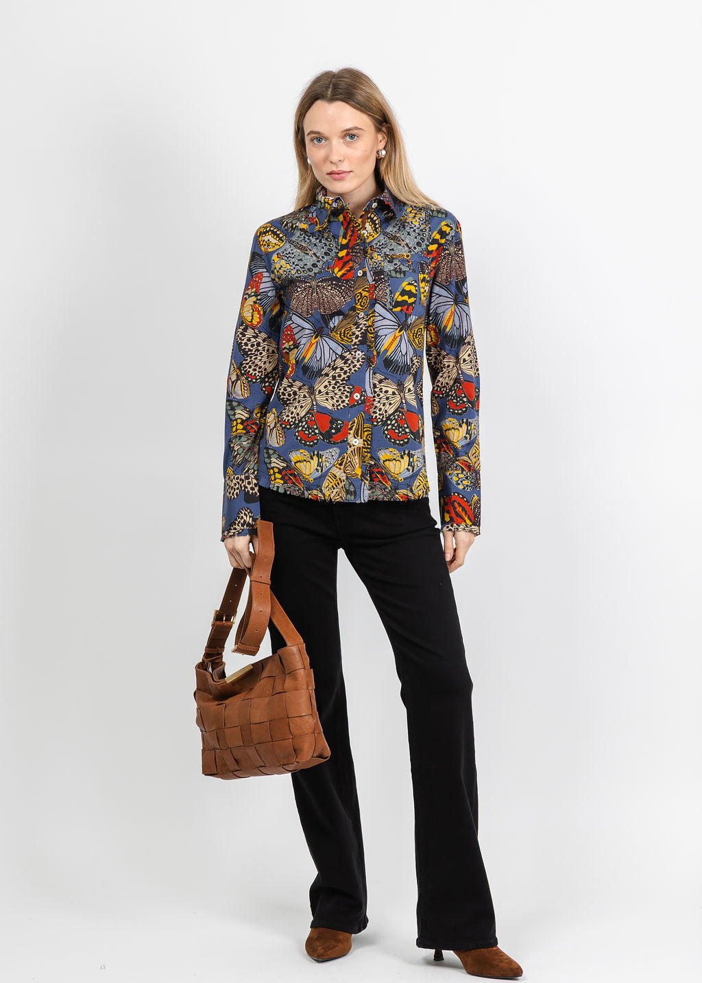 Dizzy-Lizzie Cape Cod Frayed Shirt in Blue Butterfly Print available at Barbara Katz