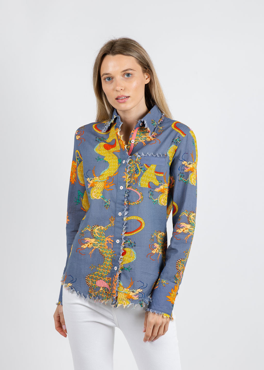 Dizzy-Lizzie Cape Cod Frayed Shirt in Blue Dragons available at Barbara Katz