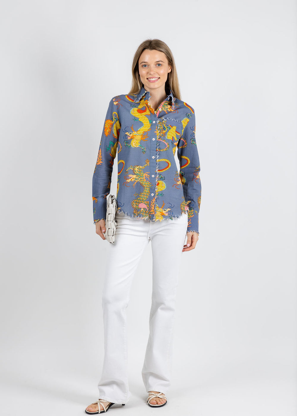 Dizzy-Lizzie Cape Cod Frayed Shirt in Blue Dragons available at Barbara Katz