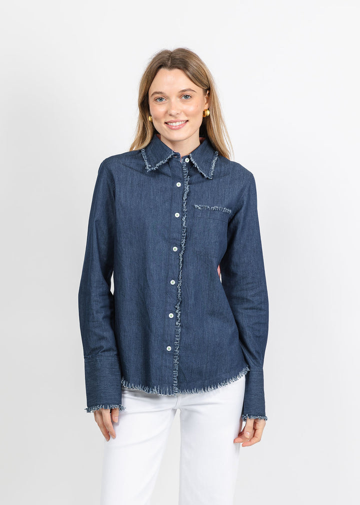 Dizzy-Lizzie Cape Cod Frayed Shirt in Denim/Pink Botanical Print available at Barbara Katz
