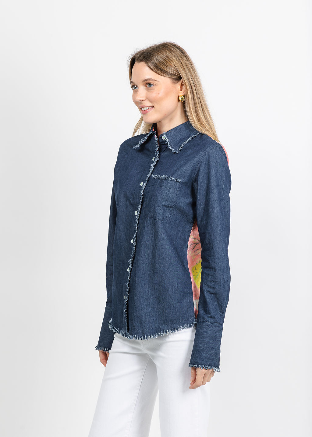 Dizzy-Lizzie Cape Cod Frayed Shirt in Denim/Pink Botanical Print available at Barbara Katz