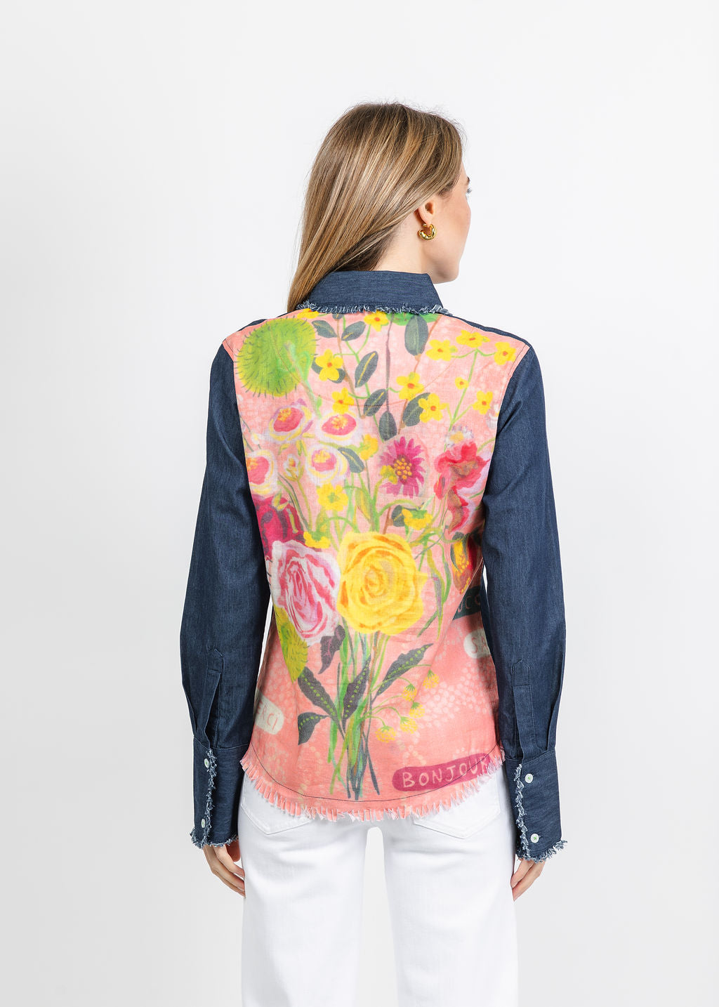 Dizzy-Lizzie Cape Cod Frayed Shirt in Denim/Pink Botanical Print available at Barbara Katz
