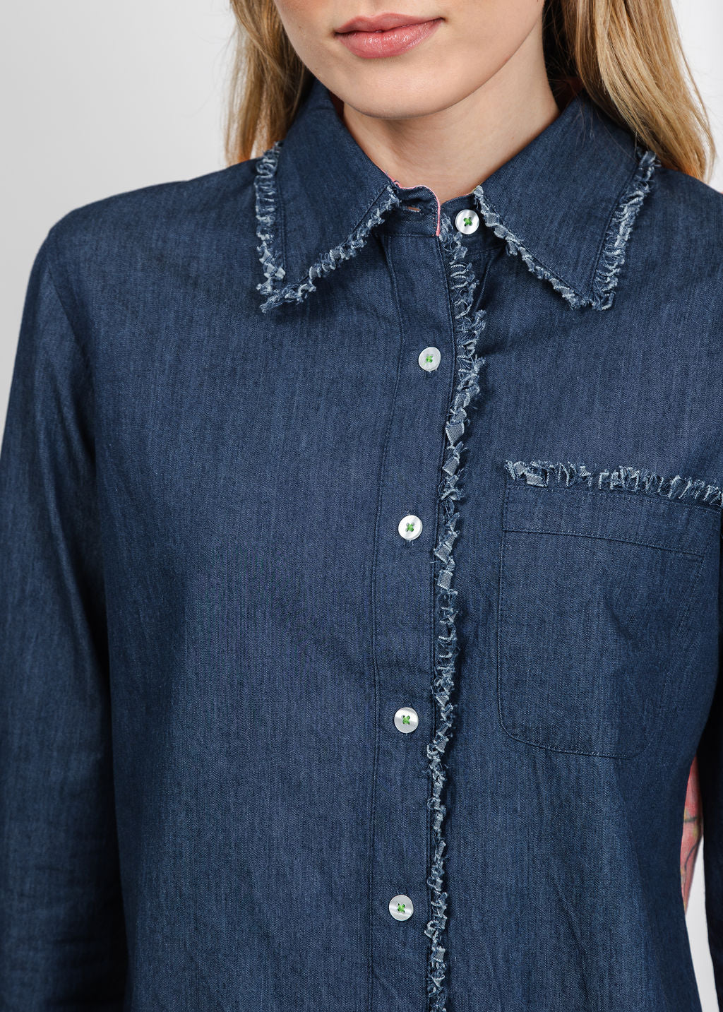 Dizzy-Lizzie Cape Cod Frayed Shirt in Denim/Pink Botanical Print available at Barbara Katz