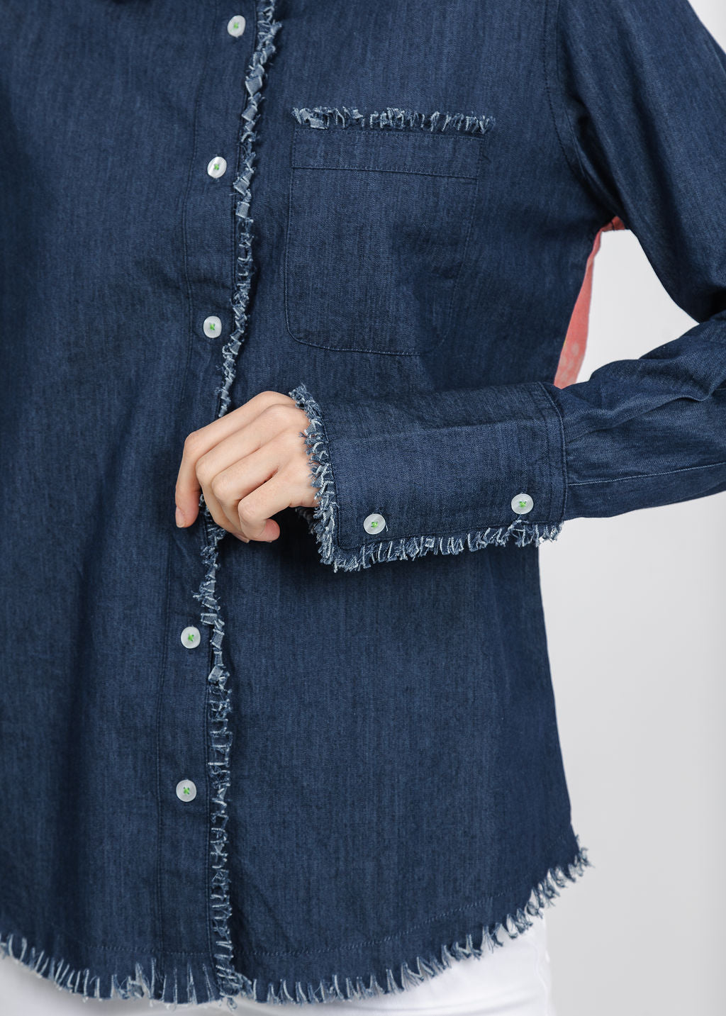 Dizzy-Lizzie Cape Cod Frayed Shirt in Denim/Pink Botanical Print available at Barbara Katz