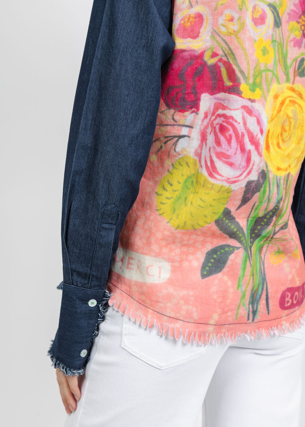 Dizzy-Lizzie Cape Cod Frayed Shirt in Denim/Pink Botanical Print available at Barbara Katz