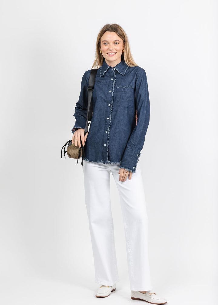 Dizzy-Lizzie Cape Cod Frayed Shirt in Denim/Pink Botanical Print available at Barbara Katz