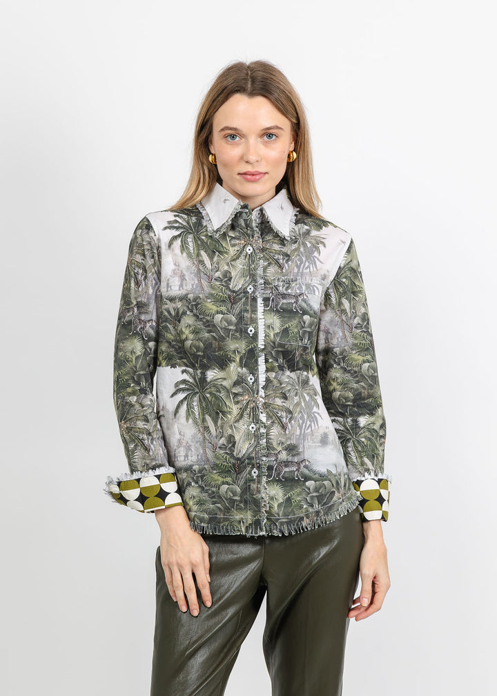 Dizzy-Lizzie Cape Cod Frayed Shirt in Safari Toile Print available at Barbara Katz