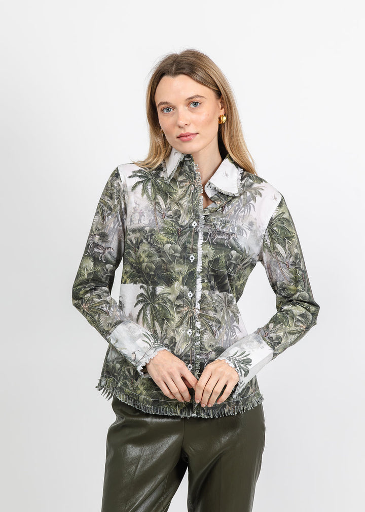 Dizzy-Lizzie Cape Cod Frayed Shirt in Safari Toile Print available at Barbara Katz