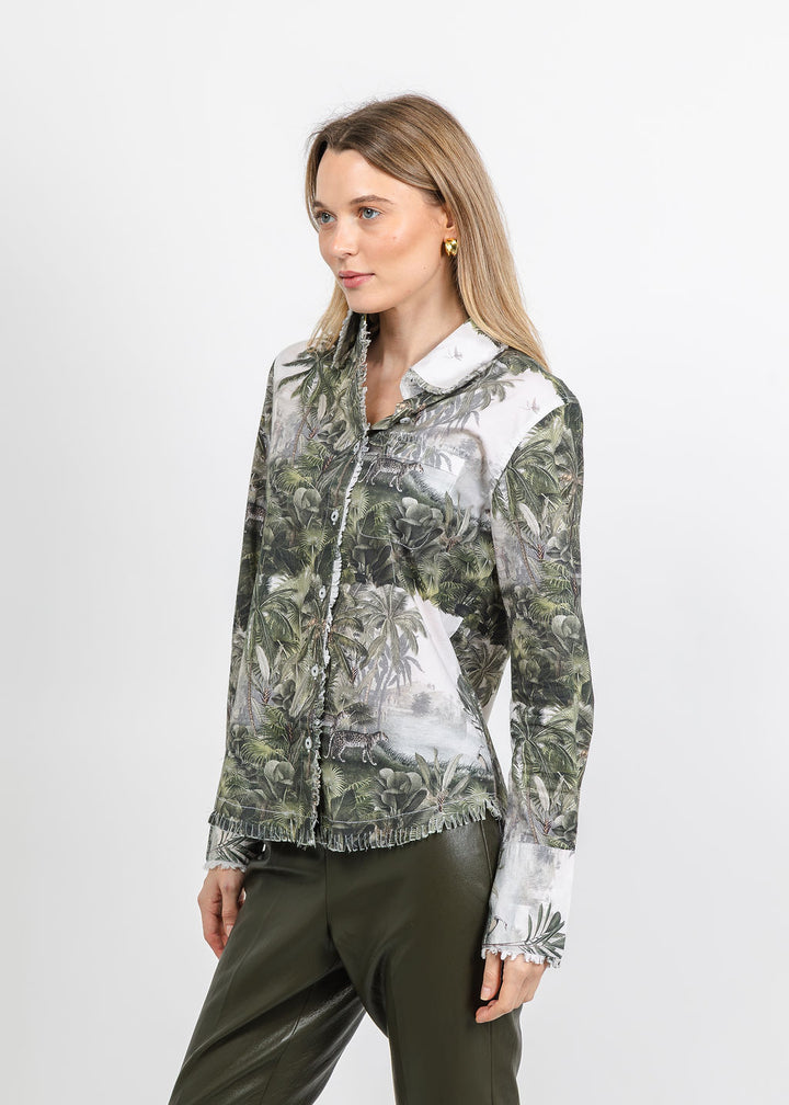 Dizzy-Lizzie Cape Cod Frayed Shirt in Safari Toile Print available at Barbara Katz