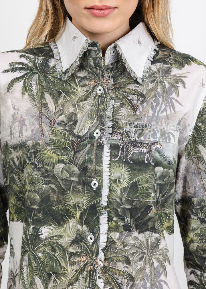 Dizzy-Lizzie Cape Cod Frayed Shirt in Safari Toile Print available at Barbara Katz