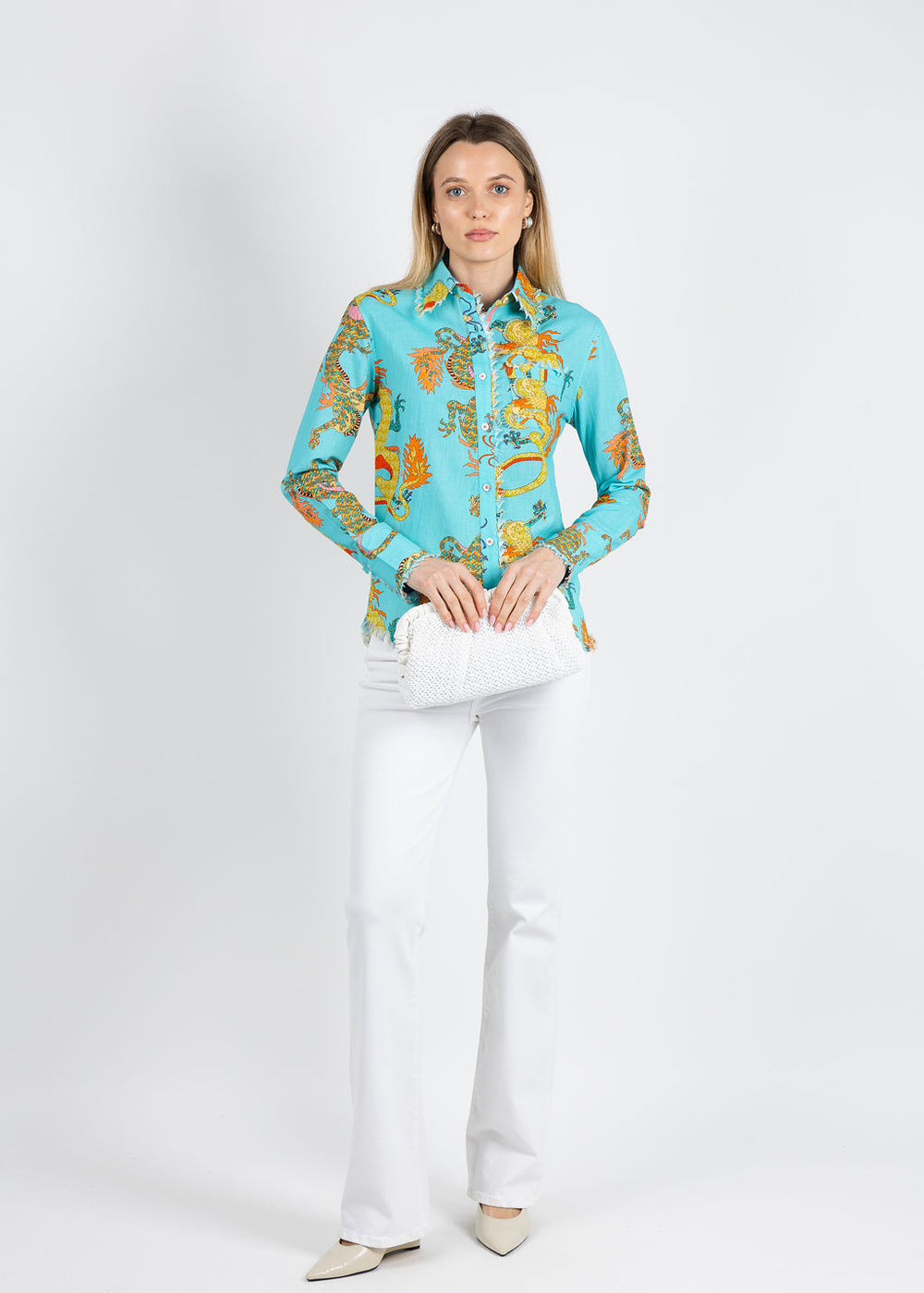 Dizzy-Lizzie Cape Cod Frayed Shirt in Turquoise Dragon Print available at Barbara Katz