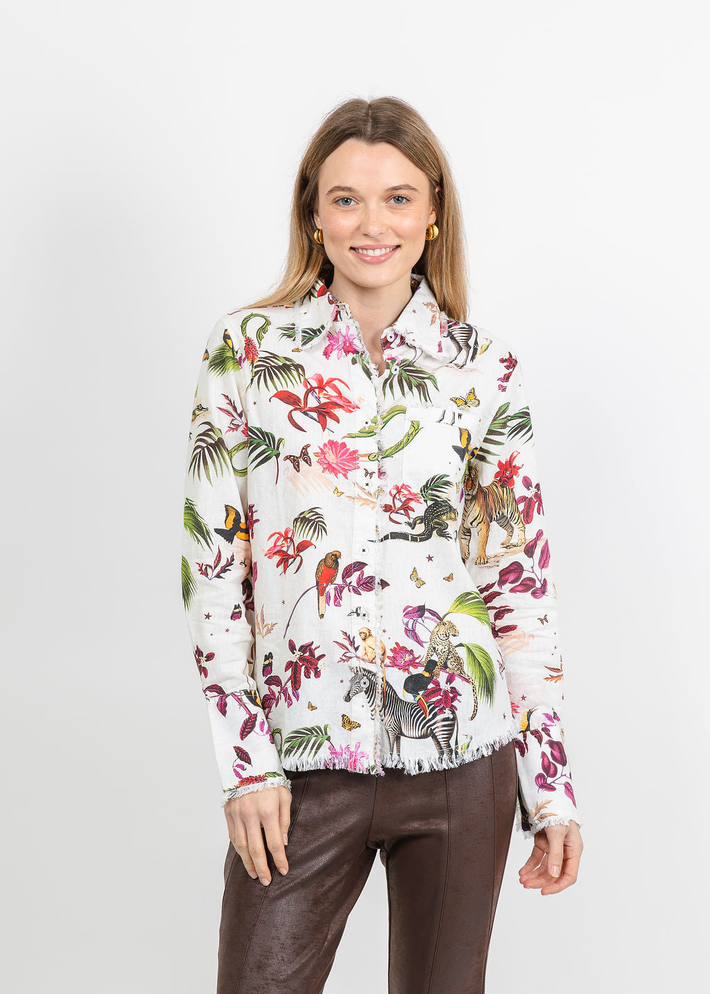 Dizzy-Lizzie Cape Cod Frayed Shirt in Veldt Print with Animals available at Barbara Katz