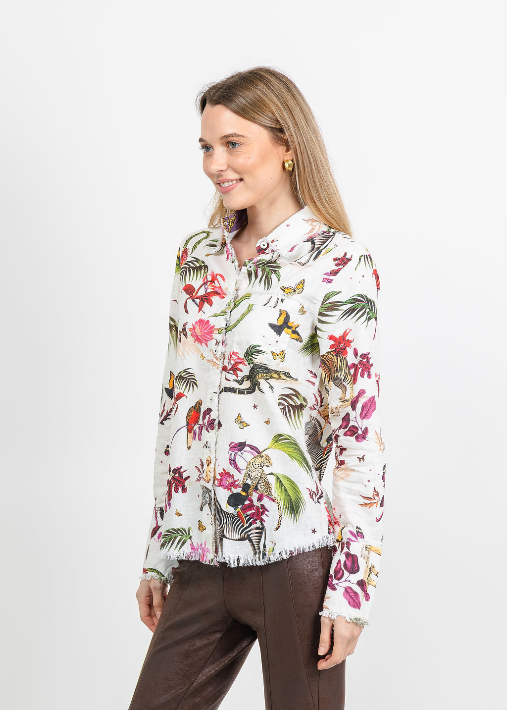 Dizzy-Lizzie Cape Cod Frayed Shirt in Veldt Print with Animals available at Barbara Katz