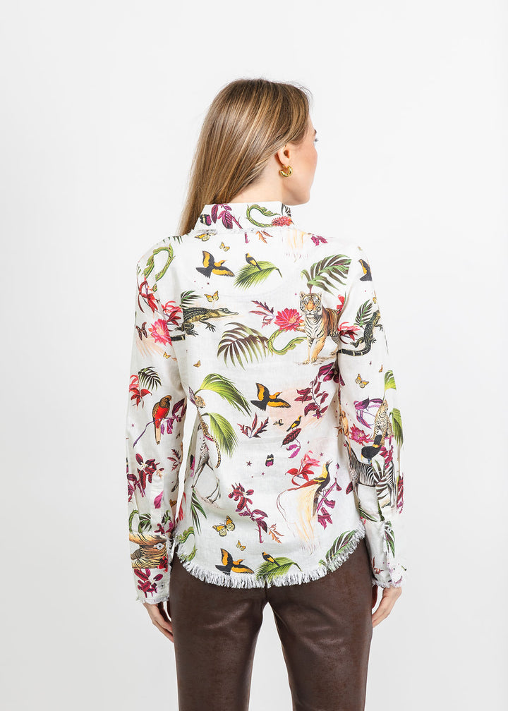 Dizzy-Lizzie Cape Cod Frayed Shirt in Veldt Print with Animals available at Barbara Katz