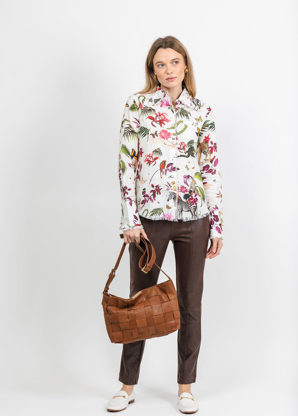 Dizzy-Lizzie Cape Cod Frayed Shirt in Veldt Print with Animals available at Barbara Katz