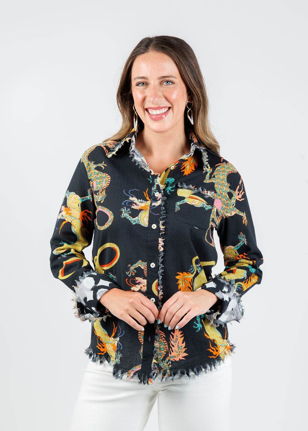 Dizzy-Lizzie Cape Cod Cotton/Linen Frayed Shirt in Black Dragon print available at Barbara Katz