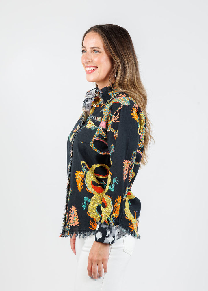 Dizzy-Lizzie Cape Cod Long Sleeve Frayed Shirt in Black Dragon print available at Barbara Katz